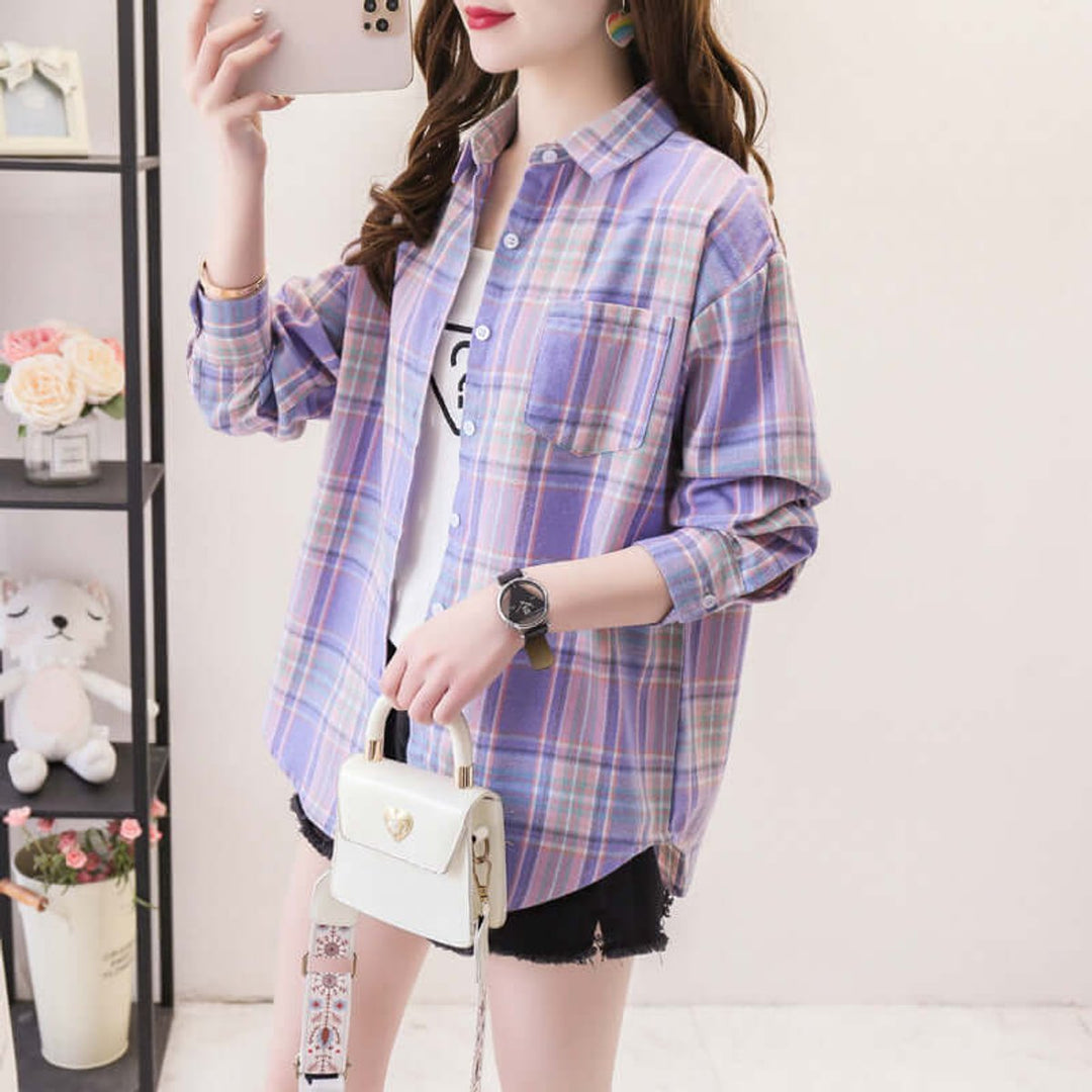 Willow Lange Denim Blouse met Ruitprint