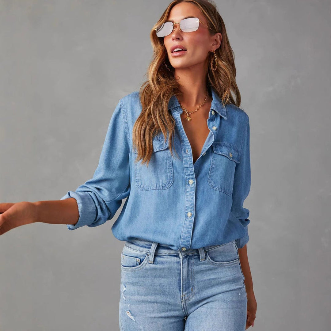 Amelia Lange Denim Blouse met Knoopsluiting