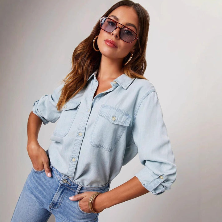 Amelia Lange Denim Blouse met Knoopsluiting
