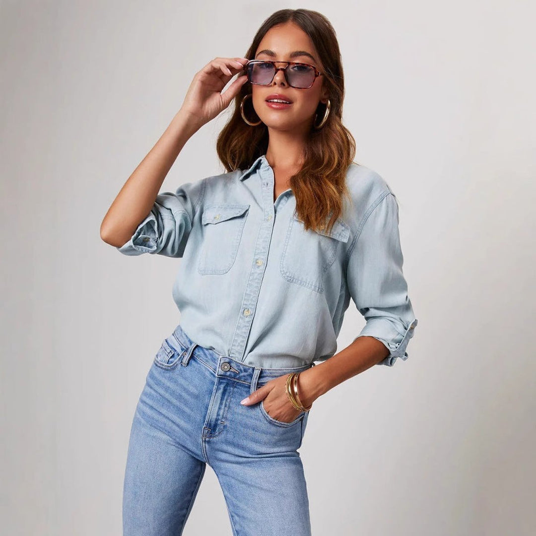 Amelia Lange Denim Blouse met Knoopsluiting