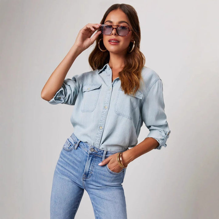 Amelia Lange Denim Blouse met Knoopsluiting